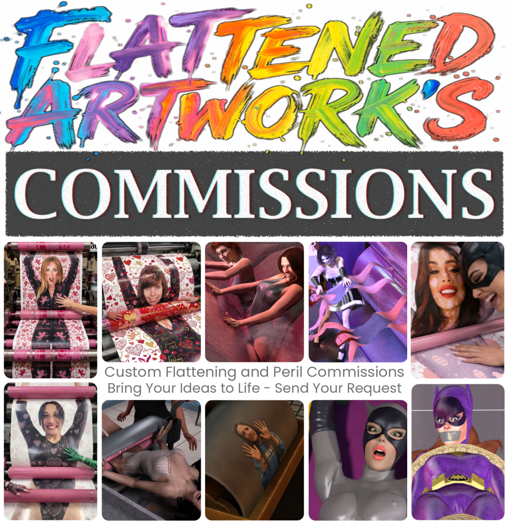 A highly detailed digital artwork example showcasing custom Flattening and Peril commissions, featuring a unique damsel in distress character in a creative scenario. This illustration highlights the professional quality of SFW and NSFW digital art commissions available for order.